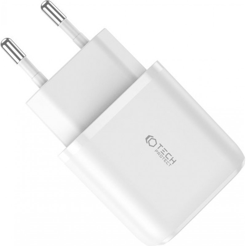 Tech-Protect C20W φορτιστής τοίχου 2 θυρών, USB-C PD 20W και USB-A QC 3.0, λευκός
