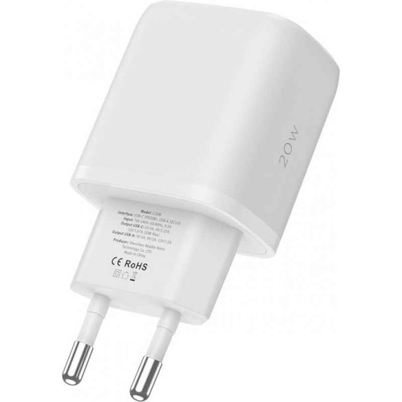 Tech-Protect C20W φορτιστής τοίχου 2 θυρών, USB-C PD 20W και USB-A QC 3.0, λευκός