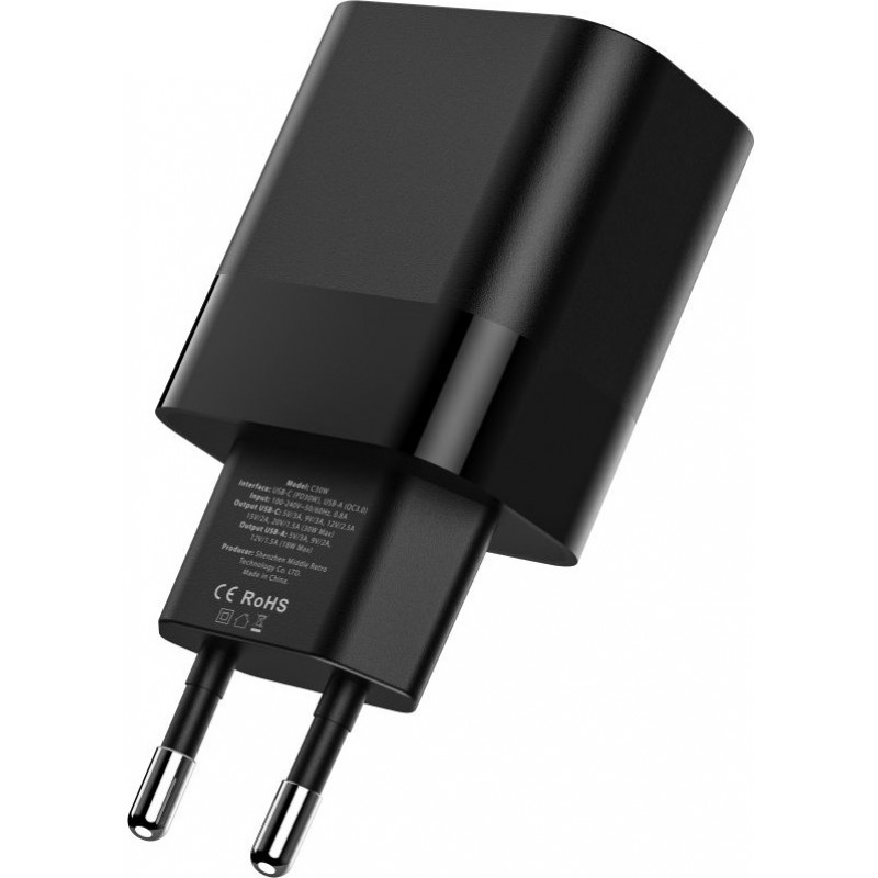 Tech-Protect C30W φορτιστής τοίχου 2 θυρών, USB-C PD 30W και USB-A QC 3.0, μαύρος