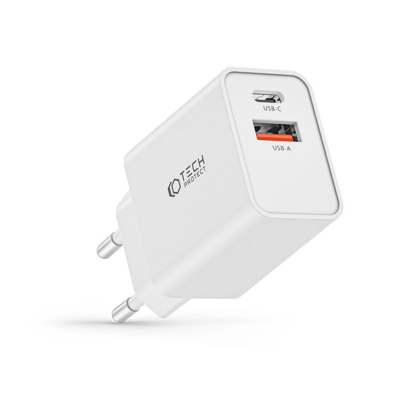 Επιτοίχιος φορτιστής 2 θυρών Tech-Protect NC30W PD 30W QC 3.0, λευκός