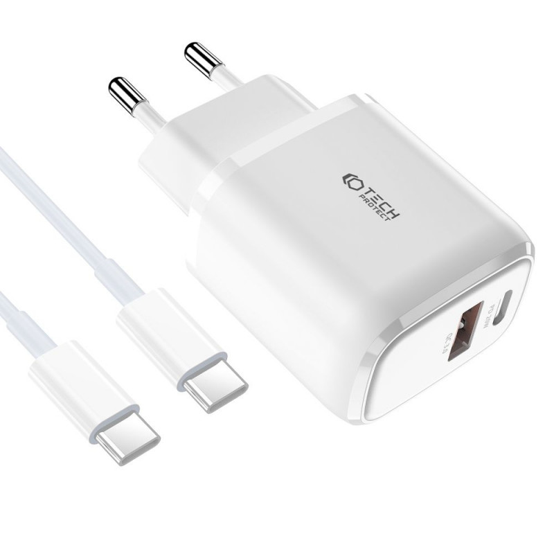 Tech-Protect C20W φορτιστής τοίχου 2 θυρών PD 20W QC 3.0 με καλώδιο USB-C, λευκός