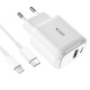 Tech-Protect C20W φορτιστής τοίχου 2 θυρών PD 20W QC 3.0 με καλώδιο Lightning, λευκός