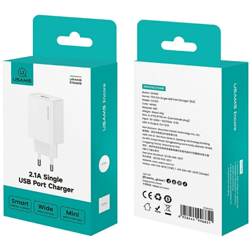 USAMS CC326 T69 φορτιστής τοίχου USB-A, 10.5 W, 2.1 A, λευκός