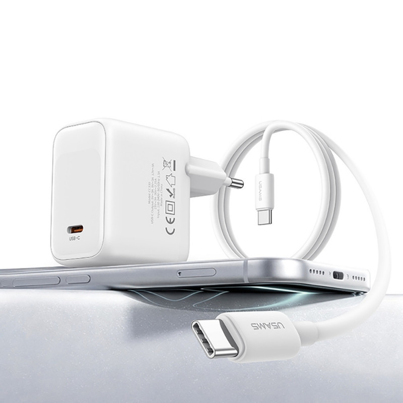 USAMS CC339 T76 φορτιστής τοίχου GaN USB-C 45W με καλώδιο SJ711 USB-C σε USB-C (1 m), λευκός