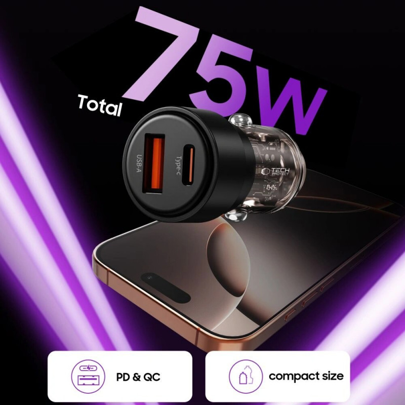 Tech-Protect CC03 Φορτιστής Αυτοκινήτου 2 Θυρών USB-A / USB-C, PD 75W, Μαύρος