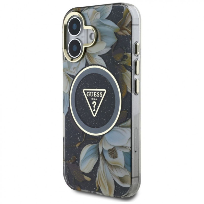 Θήκη Guess Glitter Flowers Triangle Buttons MagSafe για Apple iPhone 16, μαύρη