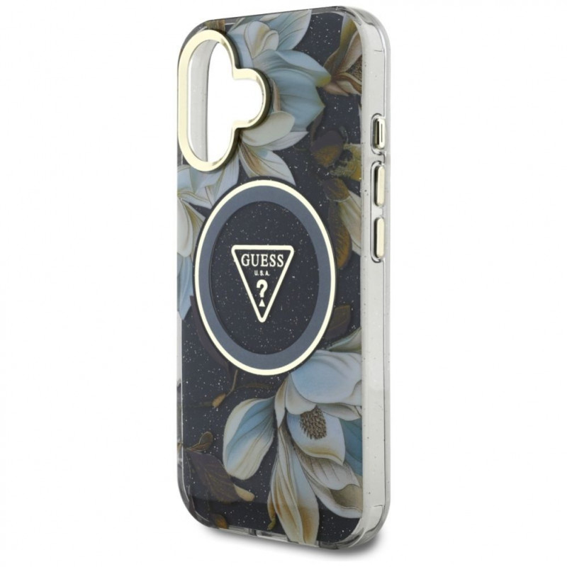 Θήκη Guess Glitter Flowers Triangle Buttons MagSafe για Apple iPhone 16, μαύρη