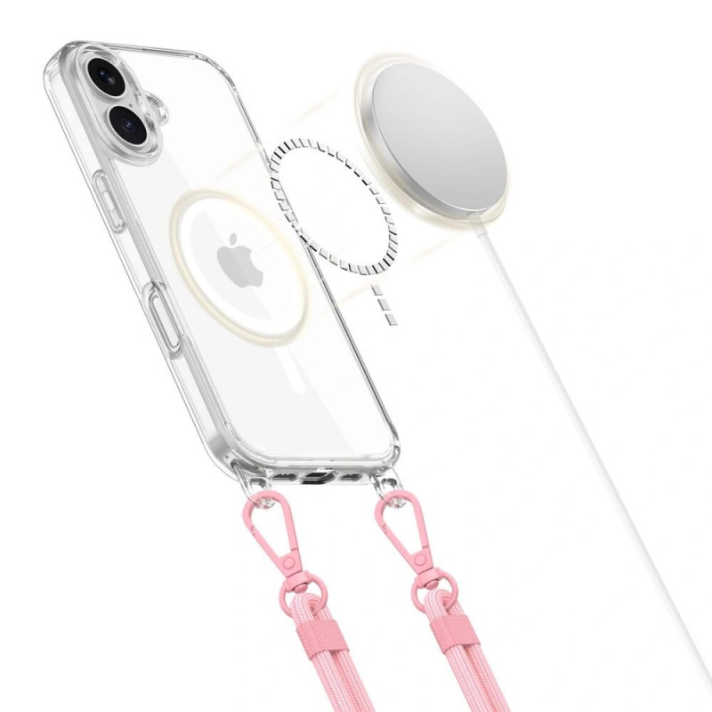 Θήκη Tech-Protect FlexAir Chain MagSafe για Apple iPhone 16, Διάφανη, με Γκρι και Ροζ Λουριά
