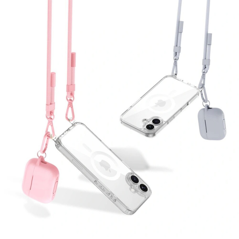 Θήκη Tech-Protect FlexAir Chain MagSafe για Apple iPhone 16, Διάφανη, με Γκρι και Ροζ Λουριά