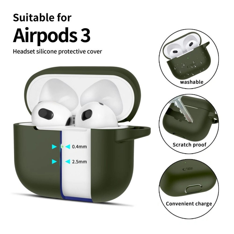 Θήκη Tech-Protect Silicone Hook από σιλικόνη για Apple AirPods 3 με καραμπίνερ, λαδί