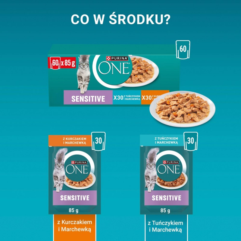 Purina ONE Sensitive Γάτας Ευαίσθητη Τροφή, Κοτόπουλο & Καρότο, 60 x 85 g
