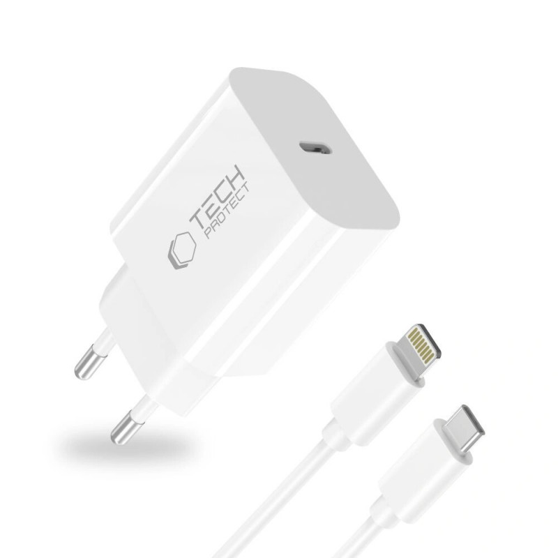 Tech-Protect NC20W Φορτιστής Τοίχου USB-C 1 θύρας PD 20W με Καλώδιο Lightning, Λευκό, 100 cm