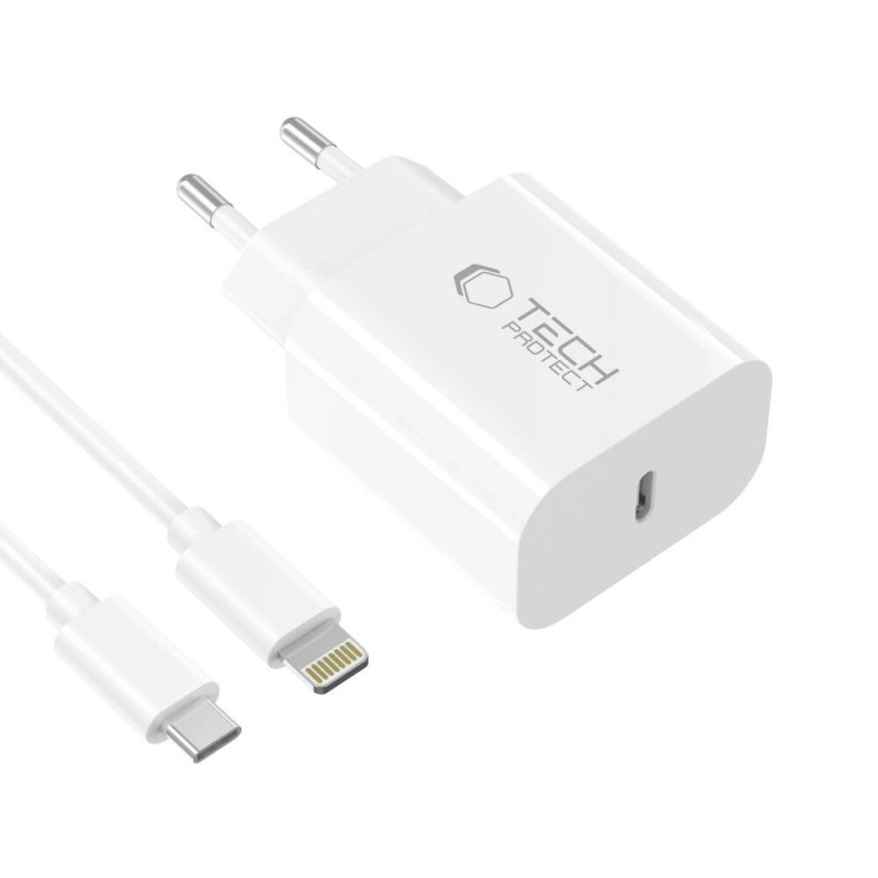 Tech-Protect NC20W Φορτιστής Τοίχου USB-C 1 θύρας PD 20W με Καλώδιο Lightning, Λευκό, 100 cm