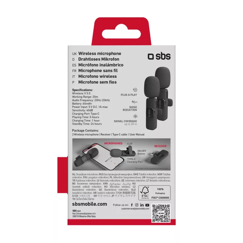 SBS Μικρόφωνα Lavalier με Δέκτη USB-C (2 τεμ.), Μαύρο