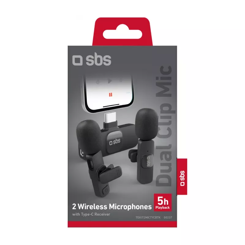 SBS Μικρόφωνα Lavalier με Δέκτη USB-C (2 τεμ.), Μαύρο