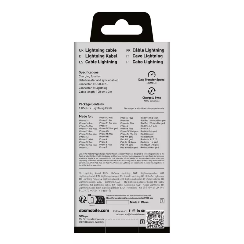 SBS TECABLELIGTC1K Καλώδιο USB-C σε Lightning, 1 m, Μαύρο
