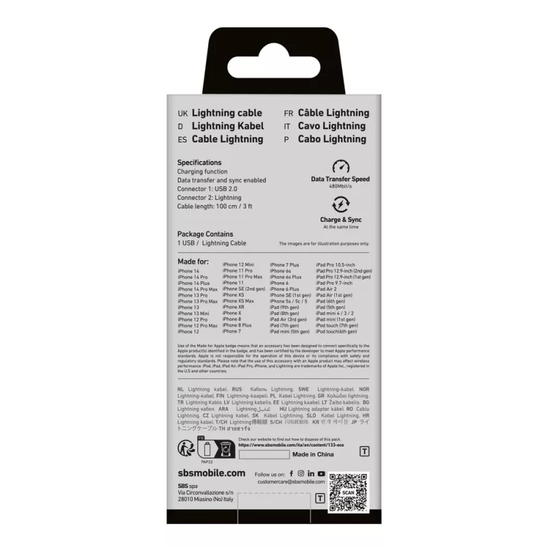 SBS TECABLEUSBIP589A Καλώδιο USB-A σε Lightning, 1 m, Μπλε