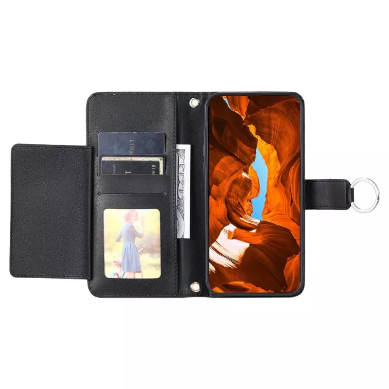 Θήκη πορτοφόλι από δέρμα PU Hurtel για Samsung Galaxy A37 5G με βάση και λουρί ώμου, μαύρη
