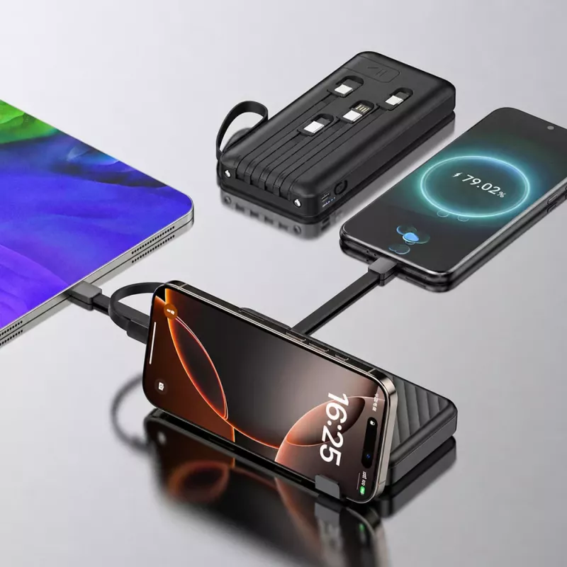 Wozinsky W11-B 10000mAh 10W Power Bank με ενσωματωμένα καλώδια και φακό, μαύρο