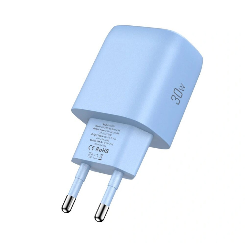 Tech-Protect NCA30 φορτιστής δικτύου USB-A, USB-C PD 30W / QC3.0 μπεμπέ μπλε