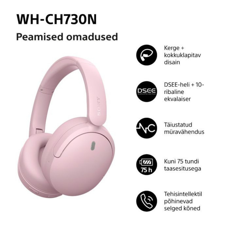 Sony WH-CH730N Ασύρματα ακουστικά Bluetooth over-ear με μικρόφωνο, ροζ