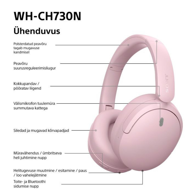 Sony WH-CH730N Ασύρματα ακουστικά Bluetooth over-ear με μικρόφωνο, ροζ
