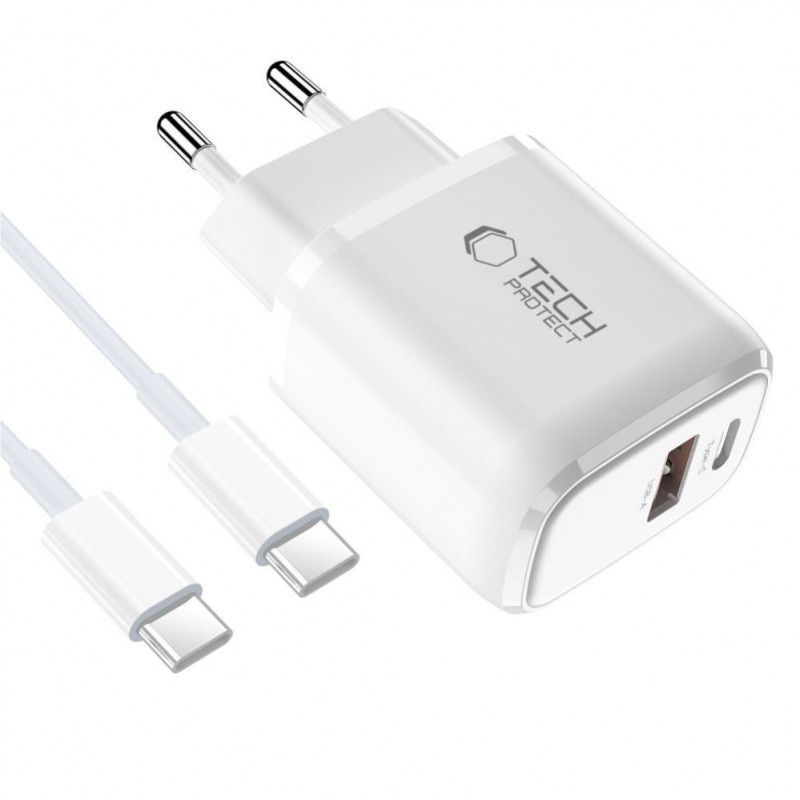 Tech-Protect NCA20 φορτιστής τοίχου USB-A / USB-C PD 20W / QC3.0 με καλώδιο USB-C / USB-C 100 cm, Λευκό