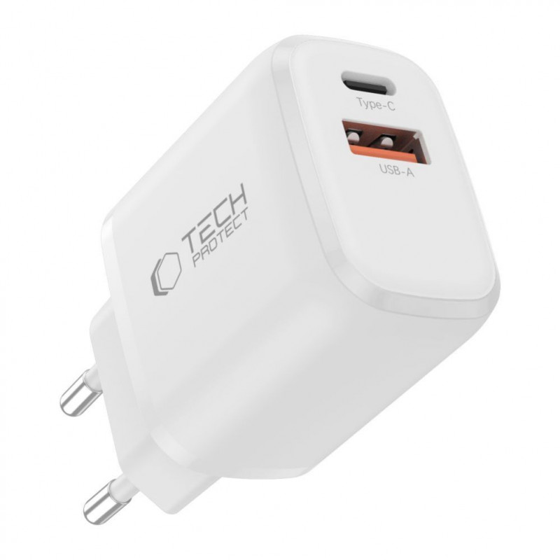 Tech-Protect NCA20 φορτιστής τοίχου USB-A / USB-C PD 20W / QC3.0 με καλώδιο USB-C / USB-C 100 cm, Λευκό