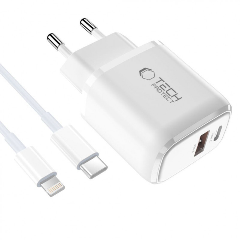 Tech-Protect NCA20 φορτιστής τοίχου USB-A / USB-C PD 20W / QC3.0 με καλώδιο USB-C / Lightning 100 cm, λευκός