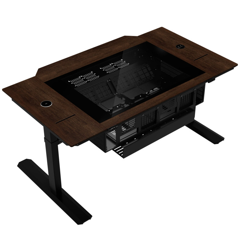 Lian Li DK07 Desk Case Wood Edition, με δυνατότητα διπλού συστήματος, 2x E-ATX, ρυθμιζόμενο ύψος, καρυδιά / μαύρο