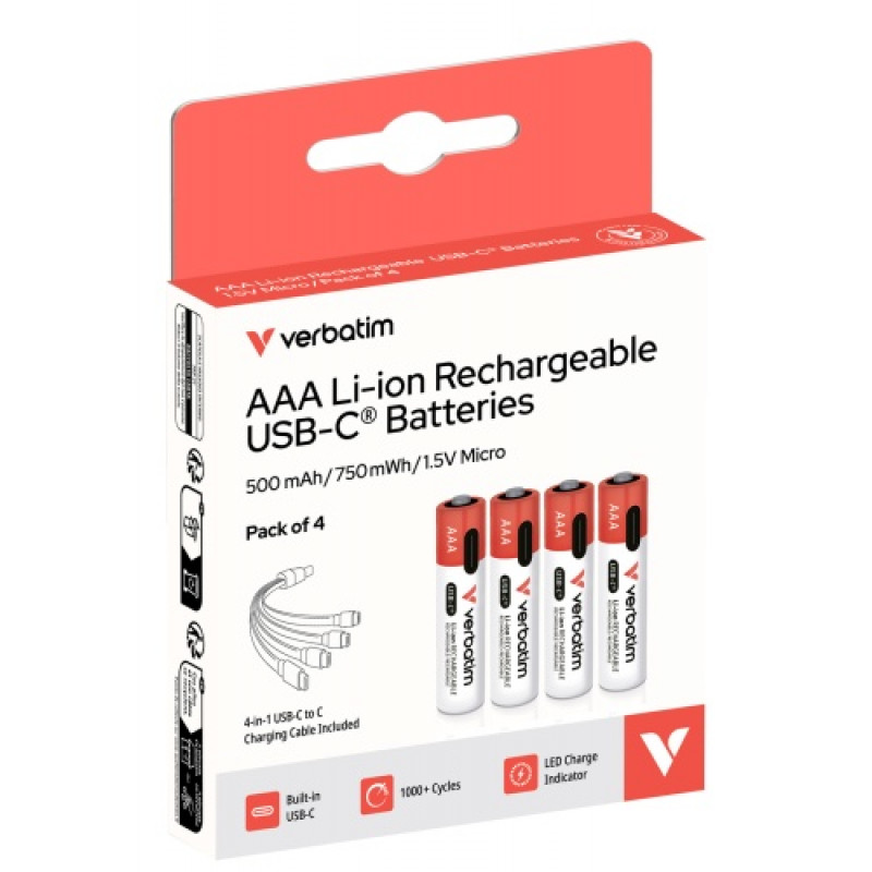 Verbatim 30250 Επαναφορτιζόμενες μπαταρίες USB-C Li-ion AAA 500 mAh (4 τεμ.)
