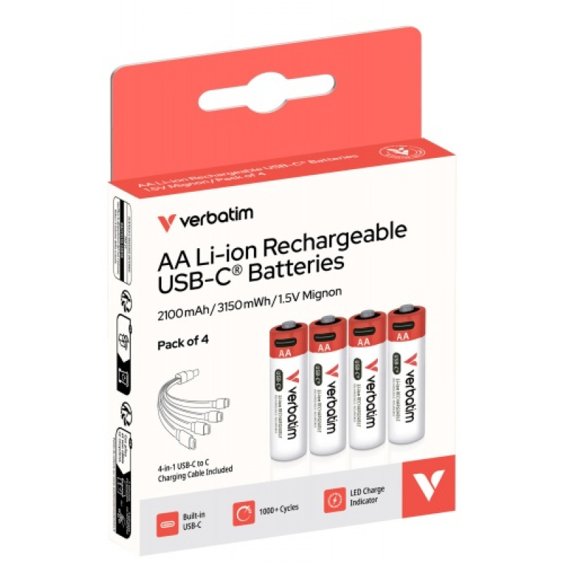 Verbatim 30249 Επαναφορτιζόμενες μπαταρίες USB-C Li-ion AA 2100 mAh (4 τεμ.)