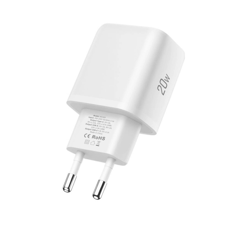 Tech-Protect NCA20 φορτιστής τοίχου USB-A, USB-C PD 20W / QC3.0, λευκός