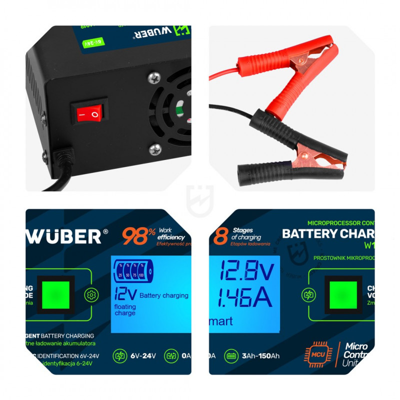 Wuber W14019 Φορτιστής Μπαταρίας με Μικροεπεξεργαστή, 6/8/12/14/16/24 V, 10 A