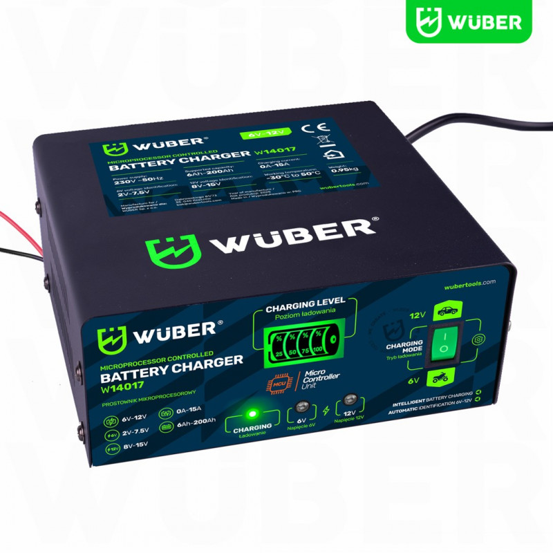 Wuber W14017 Φορτιστής μπαταρίας με μικροεπεξεργαστή, 6-12 V, 15 A