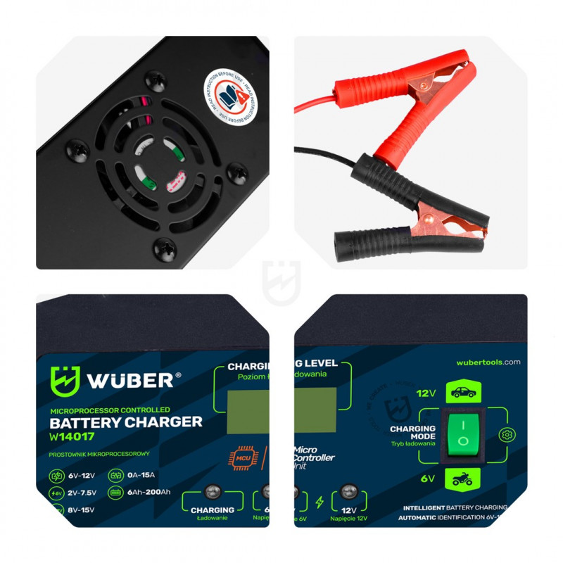 Wuber W14017 Φορτιστής μπαταρίας με μικροεπεξεργαστή, 6-12 V, 15 A