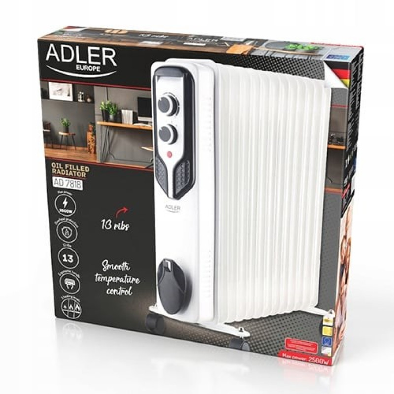 Θερμοπομπός λαδιού Adler AD 7818, 2500 W, 3 επίπεδα ισχύος, 13 πτερύγια, λευκός