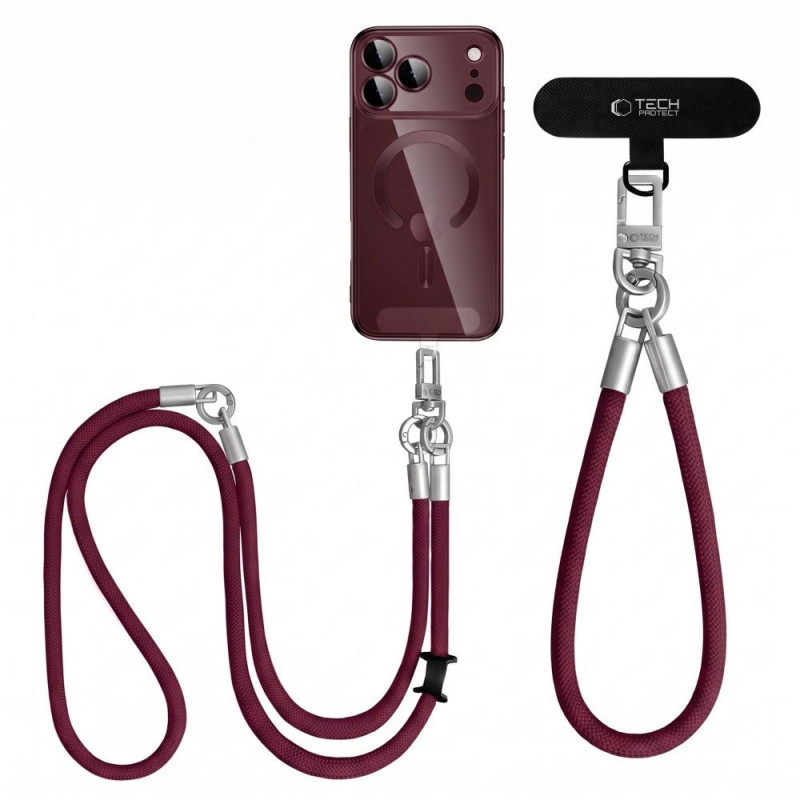 Tech-Protect C10S Rope Σετ κορδονιών για κινητό crossbody & καρπού, Burgundy/Titanium