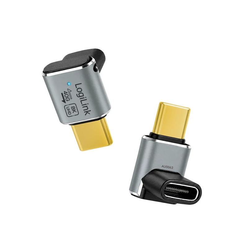 LogiLink AU0063 Προσαρμογέας USB 4 Type-C 90° U/D, C/M σε C/F, 40 Gbps, 240W, 8K/60 Hz, μεταλλικός, ασημί