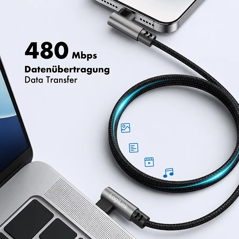 Καλώδιο LogiLink CU0461 USB 2.0 Type-C, C/M 90° σε C/M 90°, 480 Mbps, 100W, μεταλλικό, ασημί/μαύρο, 1 m