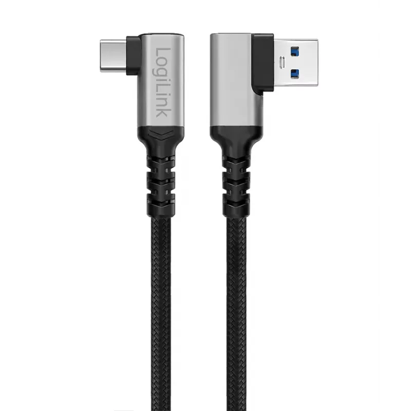 Καλώδιο LogiLink CU0471 USB 3.2 Gen1 Type-C, A/M 90° σε C/M 90°, 5 Gbps, 60W, μεταλλικό, ασημί/μαύρο, 1 m