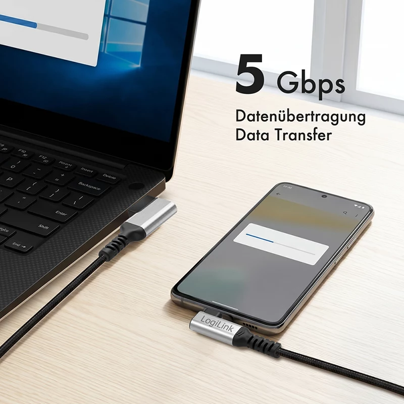 Καλώδιο LogiLink CU0473 USB 3.2 Gen1 Type-C, A/M 90° σε C/M 90°, 5 Gbps, 60W, μεταλλικό, ασημί/μαύρο, 2 m