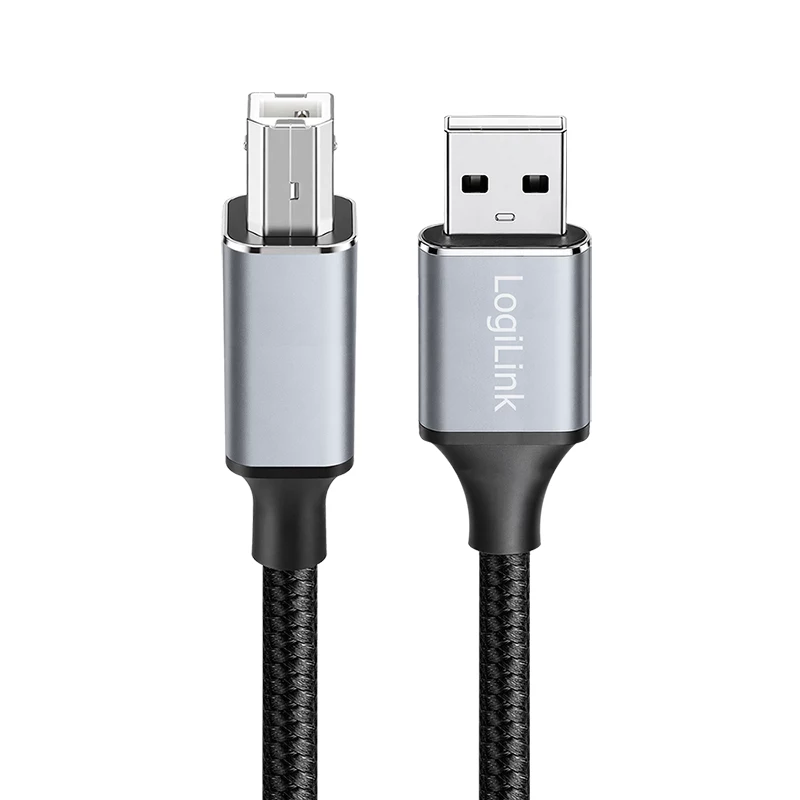 Καλώδιο USB 2.0 Logilink CU0107, USB-A/ αρσενικό σε USB-B/ αρσενικό, 480 Mbps, νάιλον, μέταλλο, μαύρο/ασημί, 2 m