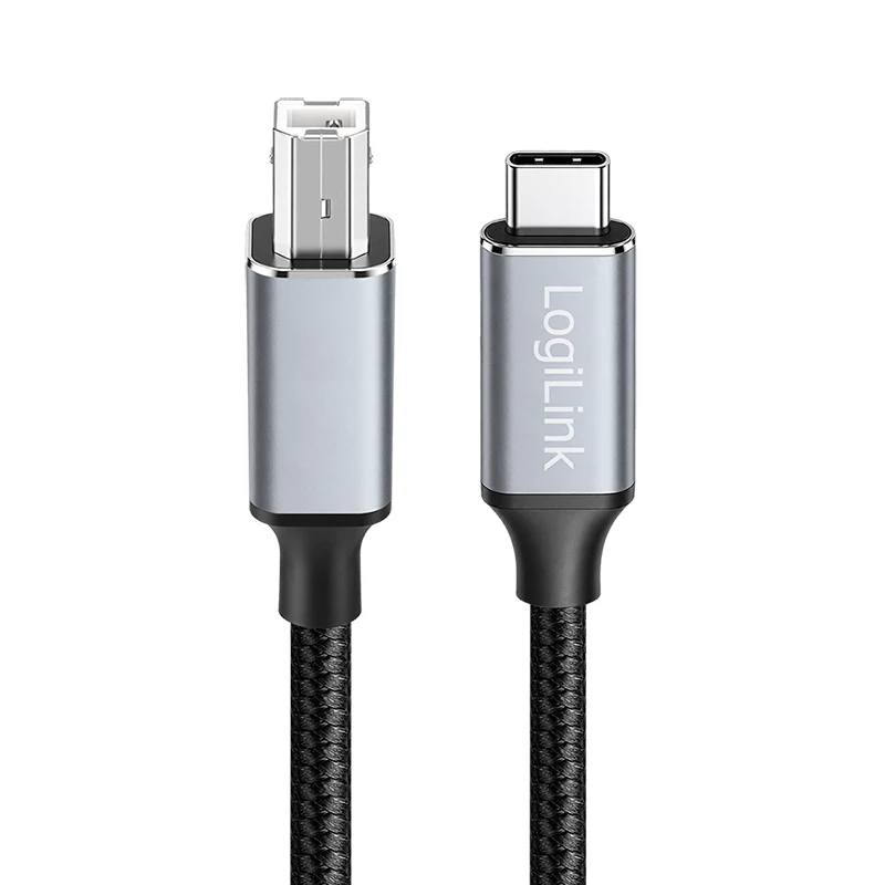 Καλώδιο Logilink CU0515 USB 2.0 Type-C, C/M σε B/M, 480 Mbps, νάιλον, μέταλλο, μαύρο/ασημί, 2 m
