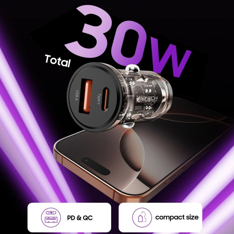 Tech-Protect CC01 φορτιστής αυτοκινήτου 2 θυρών USB-A / USB-C, PD 30W / QC 3.0, μαύρο
