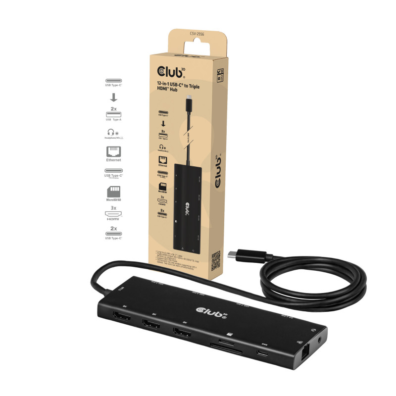 Club 3D CSV-2556 USB-C hub 12 σε 1, 3x HDMI/3x USB-C/USB/LAN, 8K30Hz, PD 140W