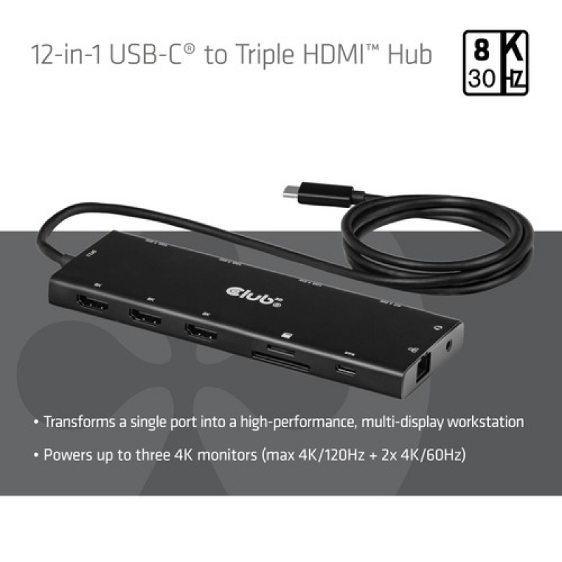 Club 3D CSV-2556 USB-C hub 12 σε 1, 3x HDMI/3x USB-C/USB/LAN, 8K30Hz, PD 140W