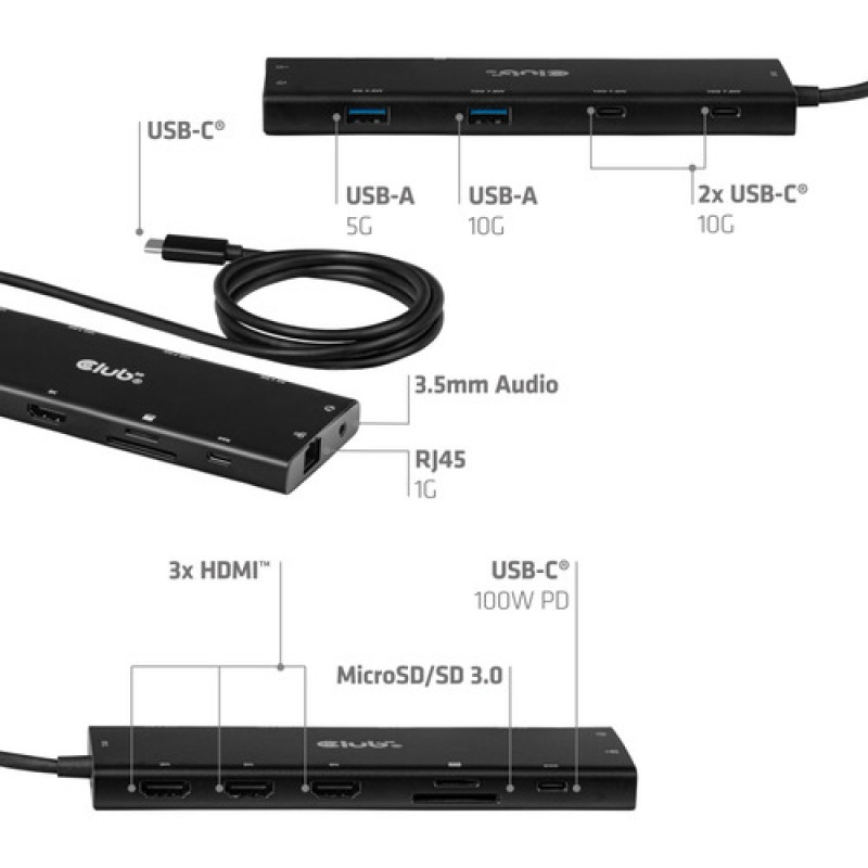 Club 3D CSV-2556 USB-C hub 12 σε 1, 3x HDMI/3x USB-C/USB/LAN, 8K30Hz, PD 140W