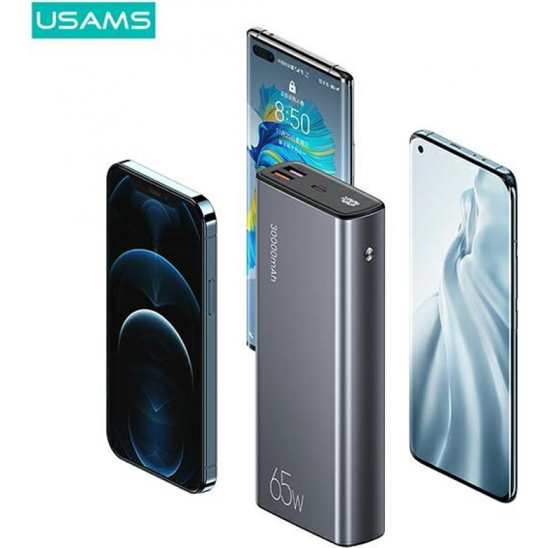 USAMS PB59 US-CD165 Power Bank 30000 mAh, 65 W, 2x QC3.0 + PD, μαύρο, με καλώδιο USB-C σε USB-C