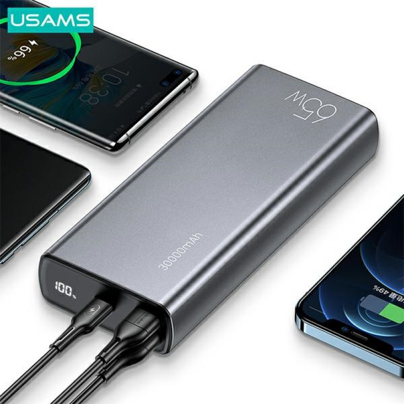 USAMS PB59 US-CD165 Power Bank 30000 mAh, 65 W, 2x QC3.0 + PD, μαύρο, με καλώδιο USB-C σε USB-C